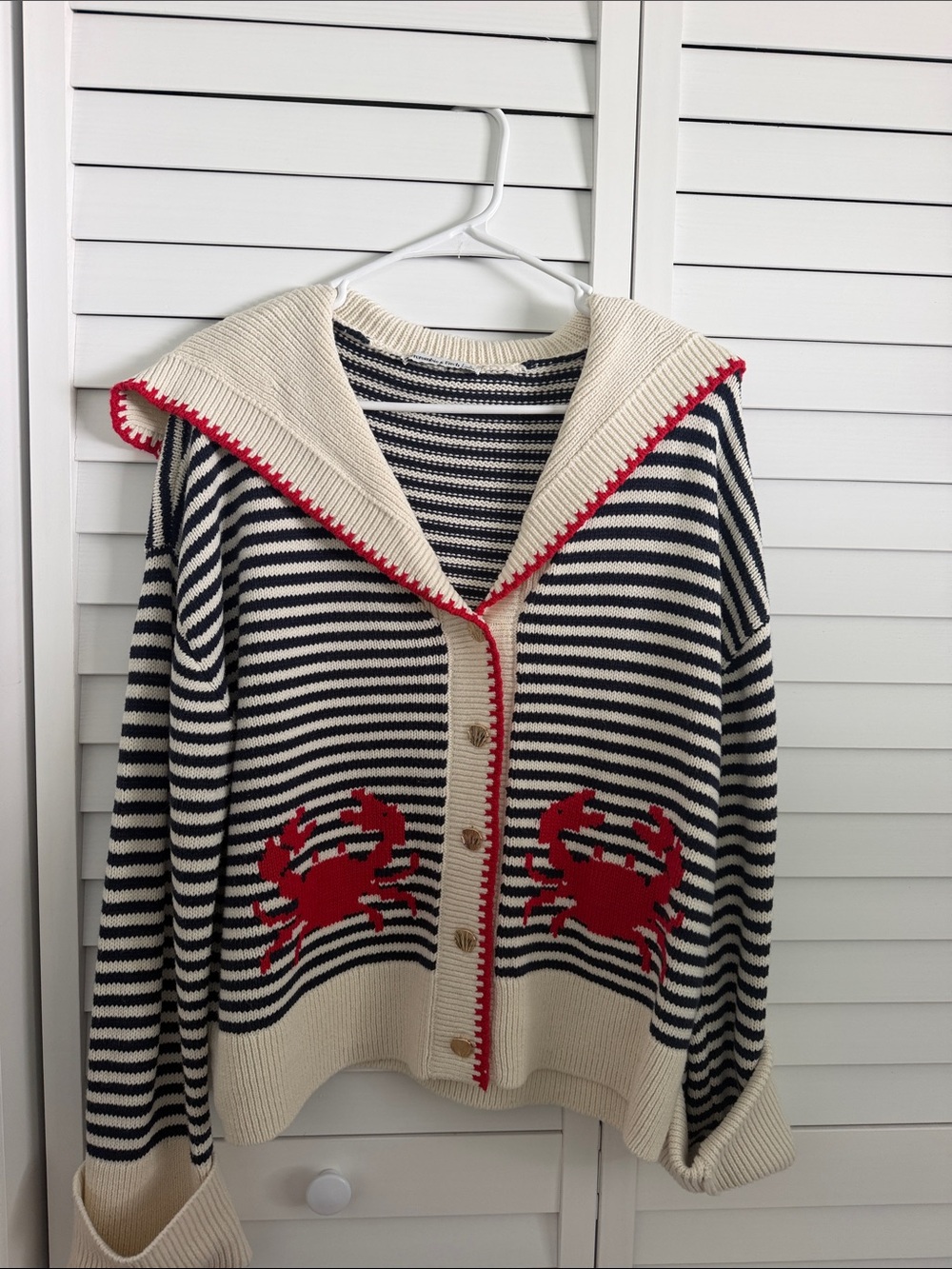 Abercrombie & Fitch Cream & Navy Striped Cardigan with Red Crab Motifs